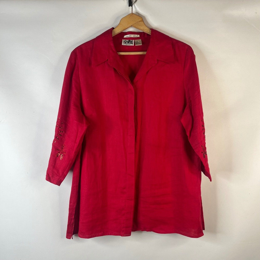 Edward Woman Linen Tunic Women 1X Red Sequin Embroidered Irish Linen Top - Picture 1 of 8
